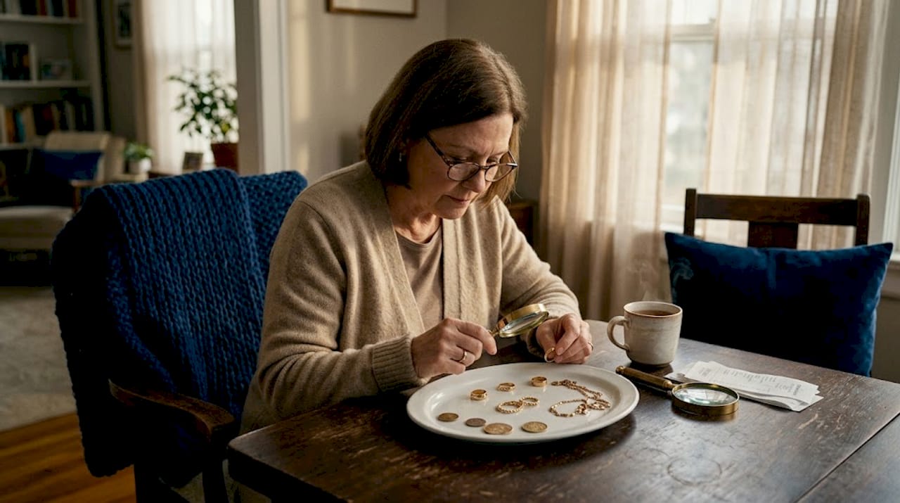 Assise à sa table de cuisine, une femme retraitée trie ses bijoux en or avec soin.