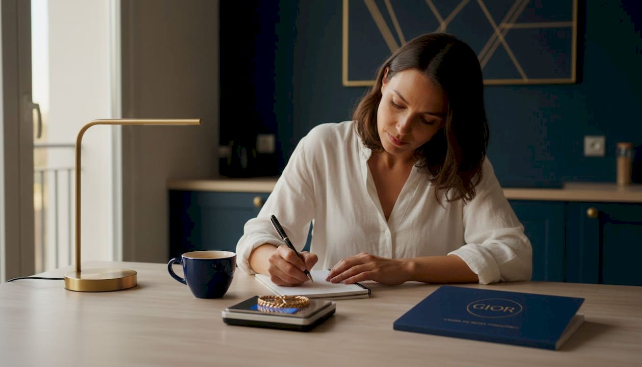 Une femme évalue la valeur de son bracelet en or.